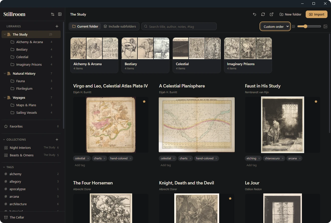 The Stillroom app in dark mode, showing a library of reference images